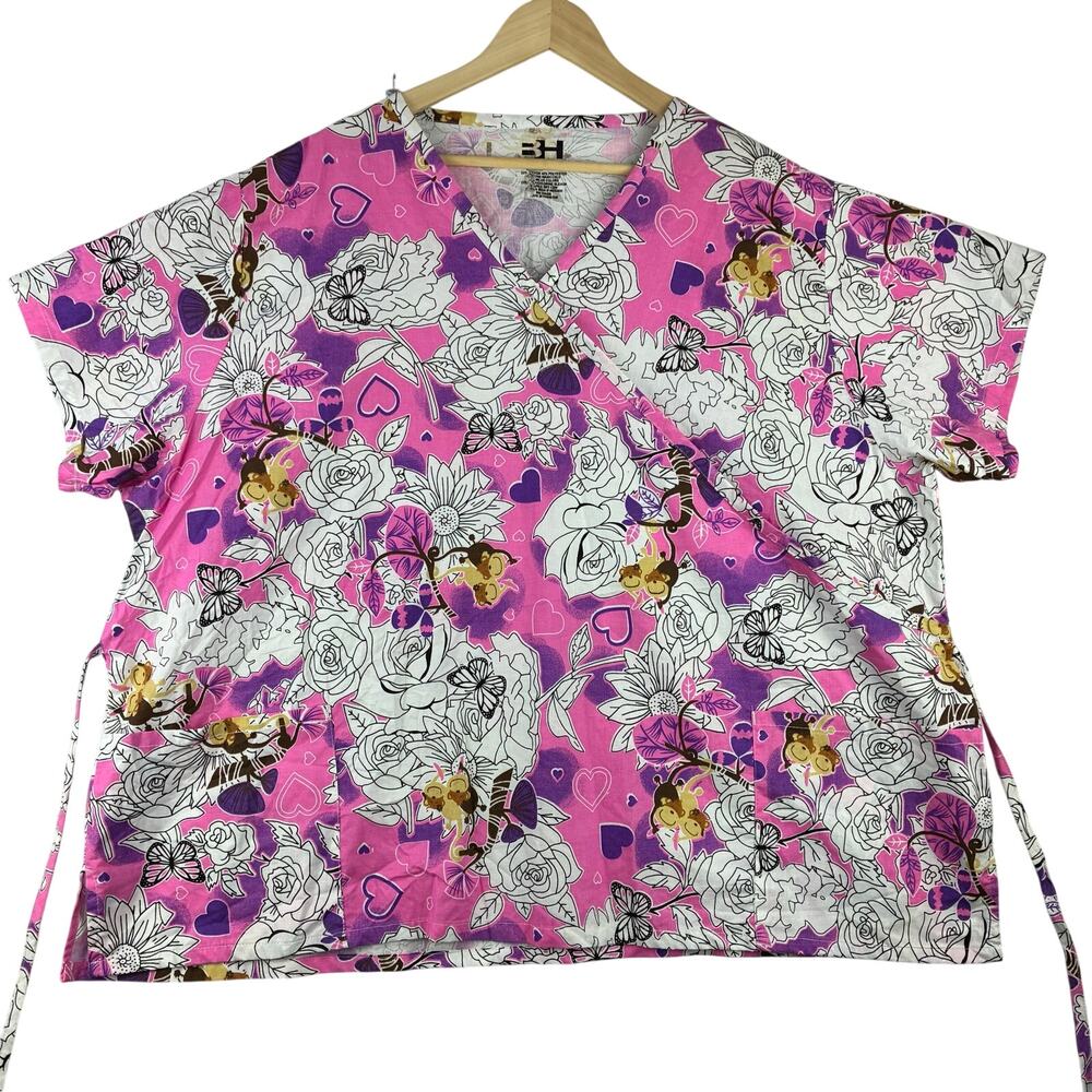 Beverly Hills Scrub Top 5X Tie Bck Adjustable Floral Butterfly Monkey Love Heart